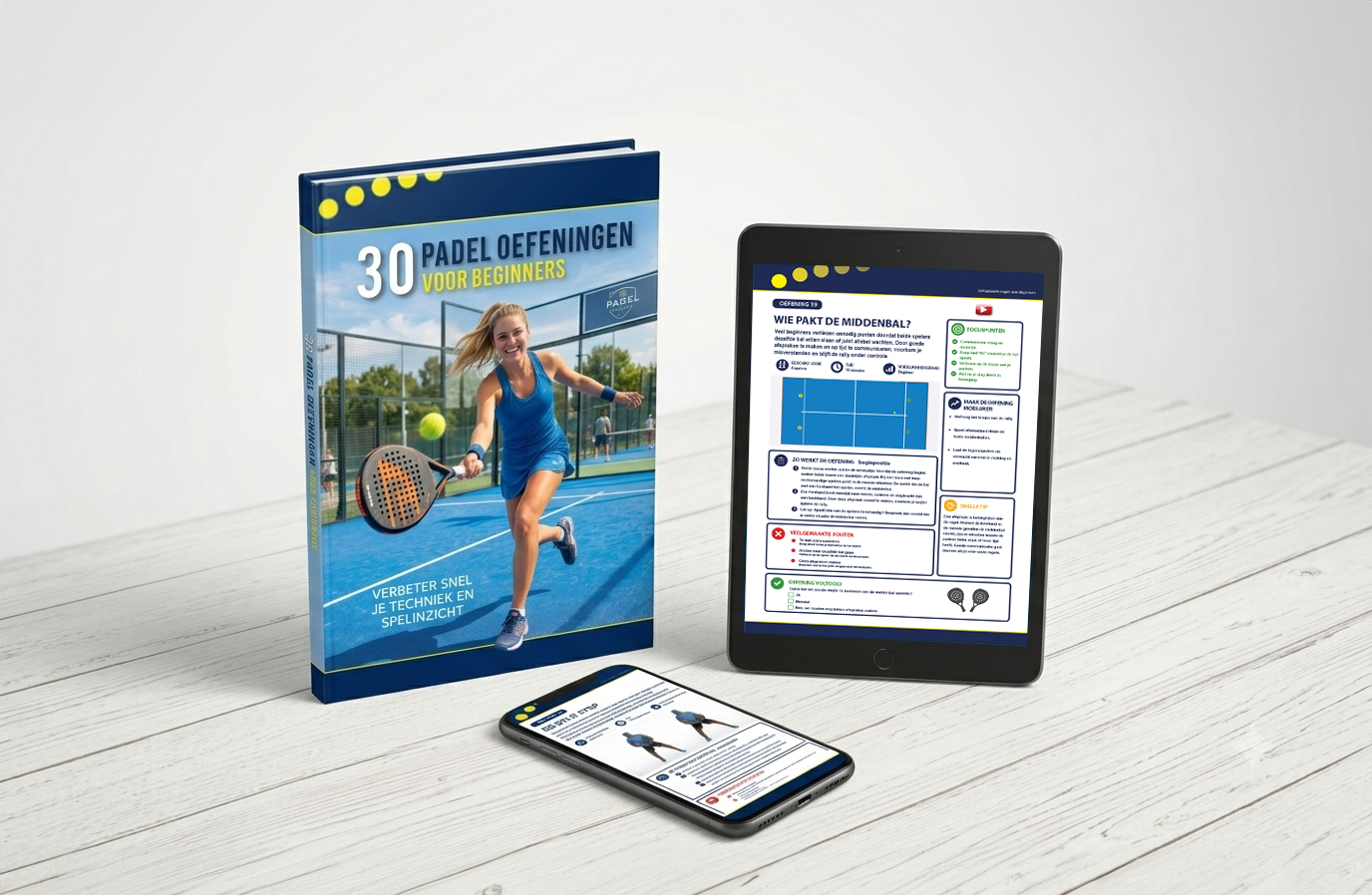 Mockup van het e-book 30 Padel Oefeningen voor Beginners op boek, tablet en telefoon
